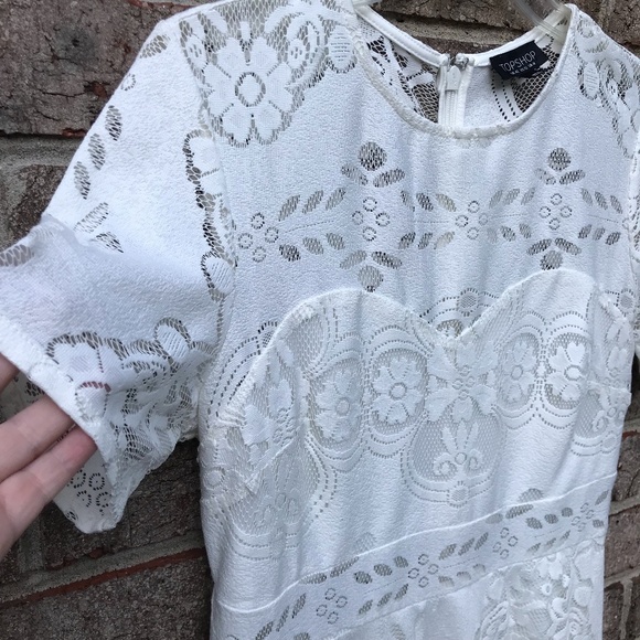 TOPSHOP Ivory/Cream Short Sleeve Floral Lace Dress | M - Picture 8 of 16